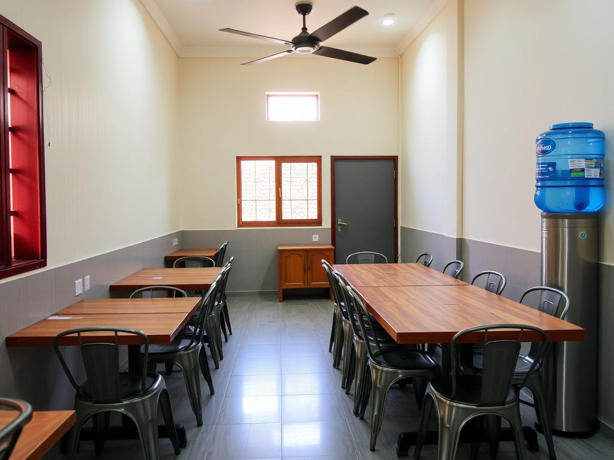 Dining area with tables and drinking water dispenser