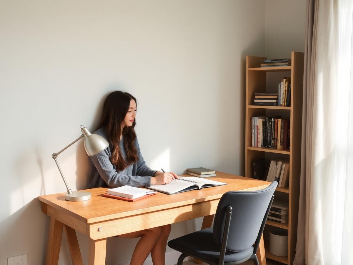 Quiet study space with desk and lamp